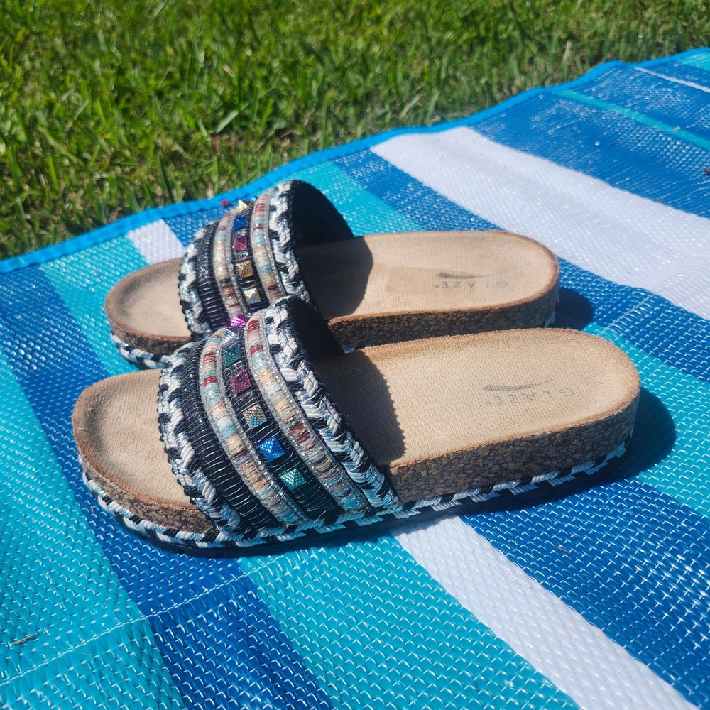 Glaze Womens 8.5 Multi Color Studded Woven Cork Platform Slide Sandals Black